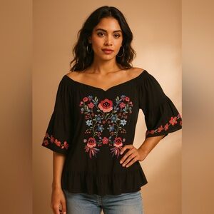 Umgee Black Off-Shoulder Embroidered Floral Blouse